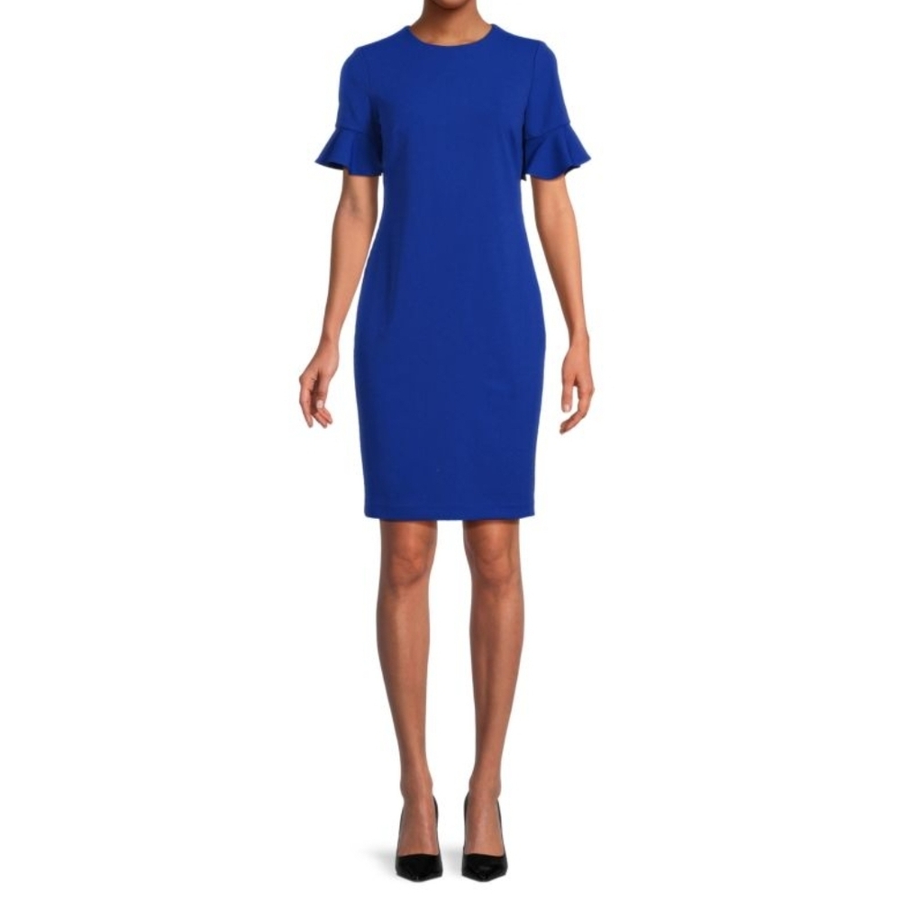 Calvin Klein Blue Sheath Dress with Flutter Sleeves